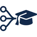 Icon featuring three circles in a column linked by converging lines to a graduation cap.