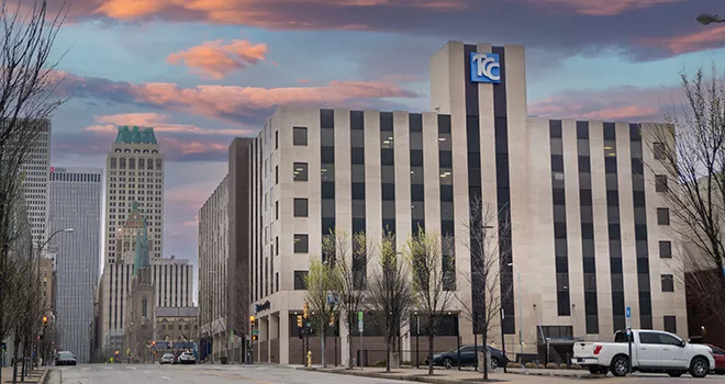 TCC metro Campus Building With evening cloudy sky in the background.