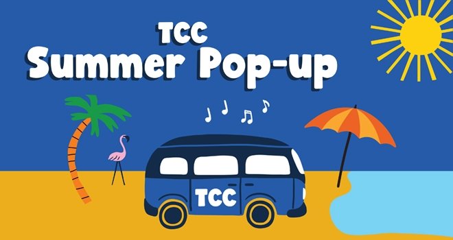 Illustration of Blue Volkswagon Bus with TCC logo under sun and Palm trees is parked on a beach next to an umbrella.. Music notes surround the bus to imply music is playingc