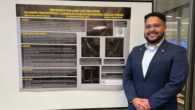 Sergio Perez stands next to a display board full with text from his summer research