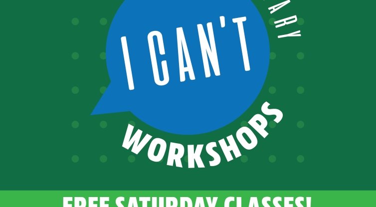 I Can't workshop graphic in green and blue. It reads 10th anniversary, free Saturday classes, online and in-person with the Center for Creativity logo