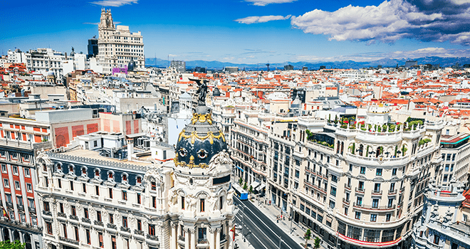 Skyline of Madrid with Edificio Metropolis and Gran Via.