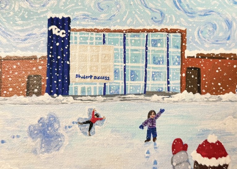 Scout Haggard's holiday card design is depicts student playing in snow on TCC's Southeast Campus